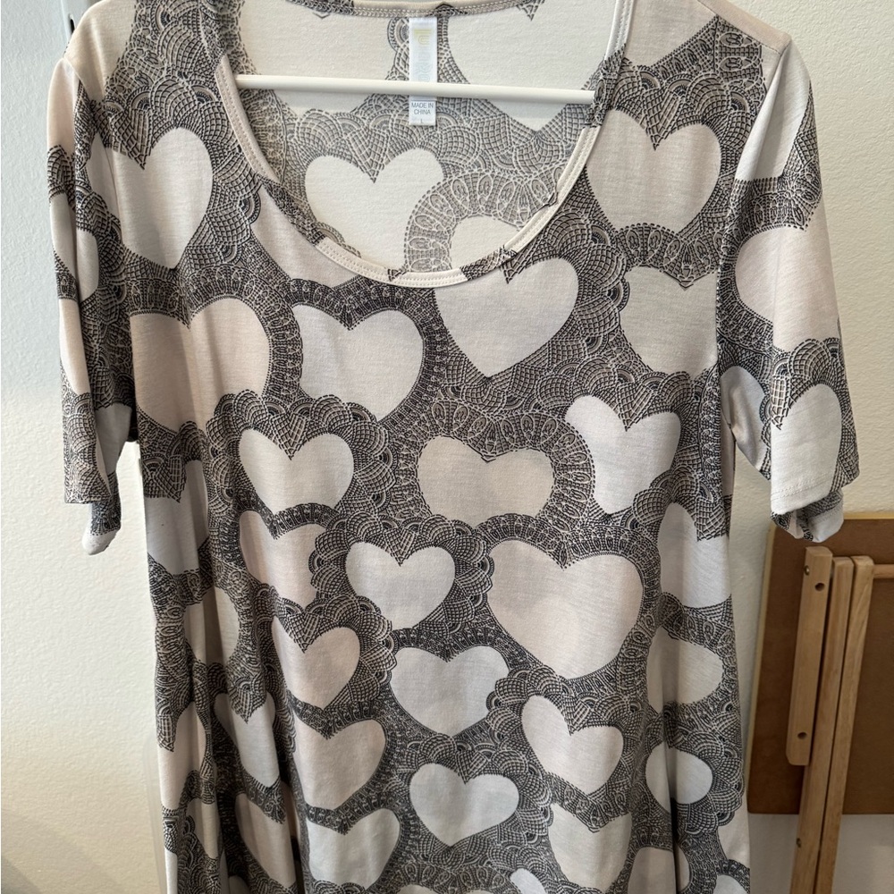 LuLaRoe Beige and Black Heart Print Women's Top
